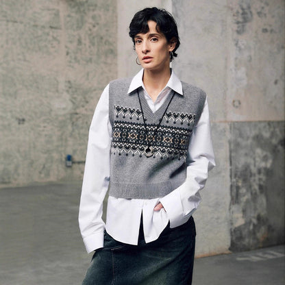 Damen Strickpullover V-Ausschnitt Geometrisches Muster Norvielle