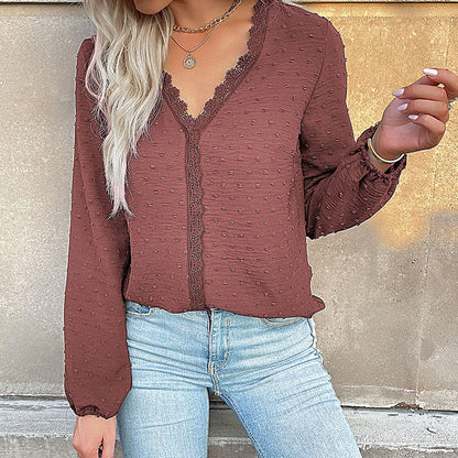 Damen Bluse Spitzenbesatz Puffärmel Elegantes Design