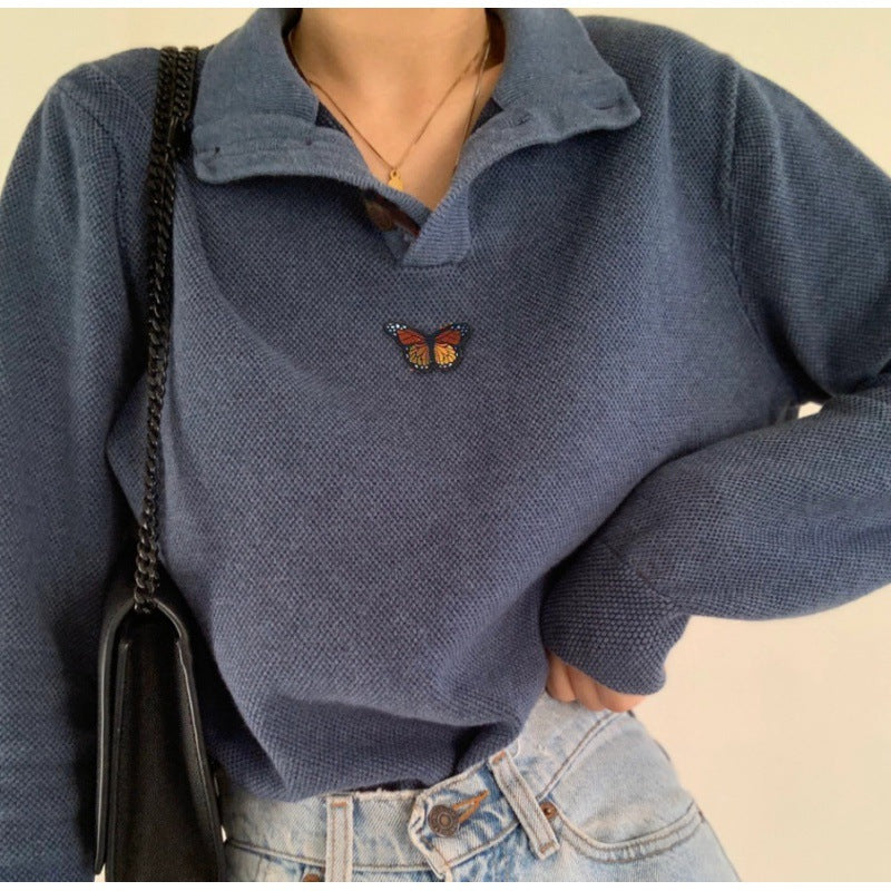 Damen Pullover Waffle-Design Gestickter Schmetterling Norvielle