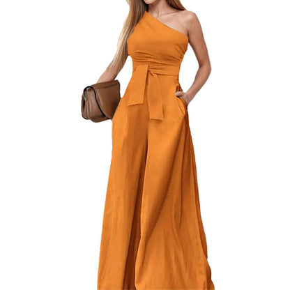 Damen One-Shoulder Jumpsuit mit Taillengürtel und weiten Beinen