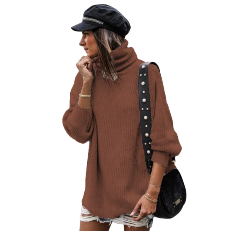Damen Grobstrickpullover Hochkragen Elegante Knöpfe Norvielle
