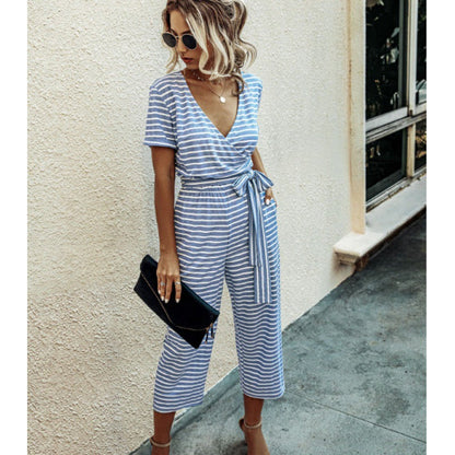 Damen Jumpsuit Wickel-Design Streifen Muster