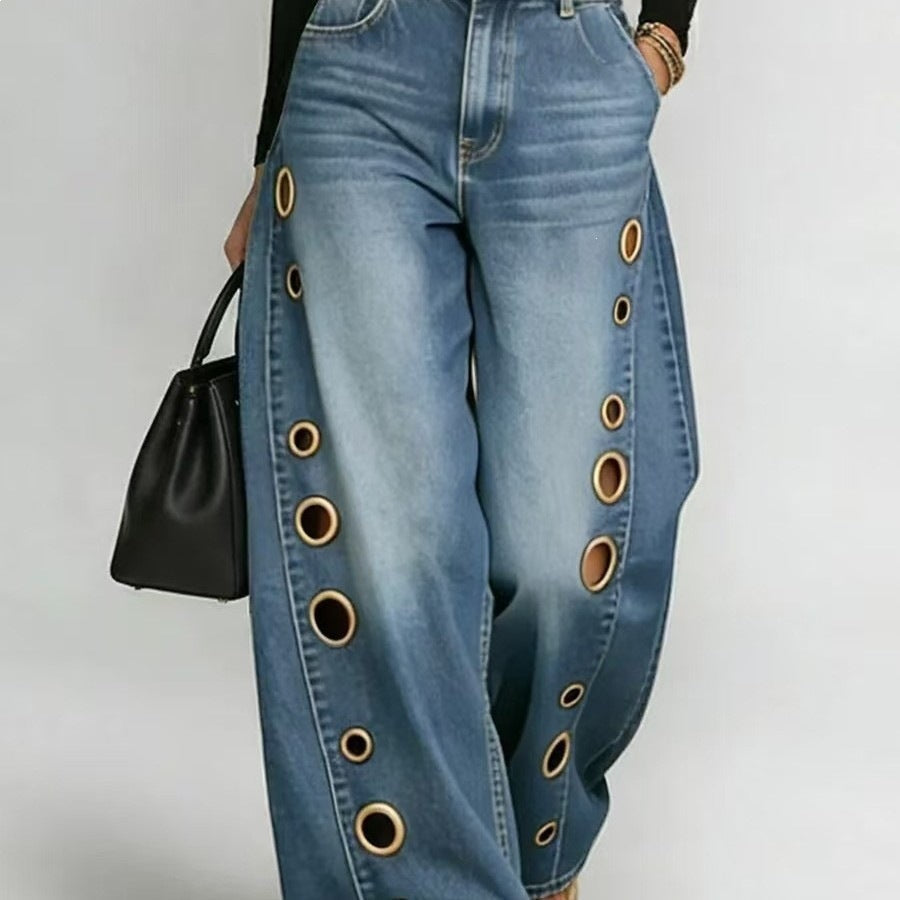 Damen Weite Jeans Dekorative Ösen Hoher Bund Norvielle