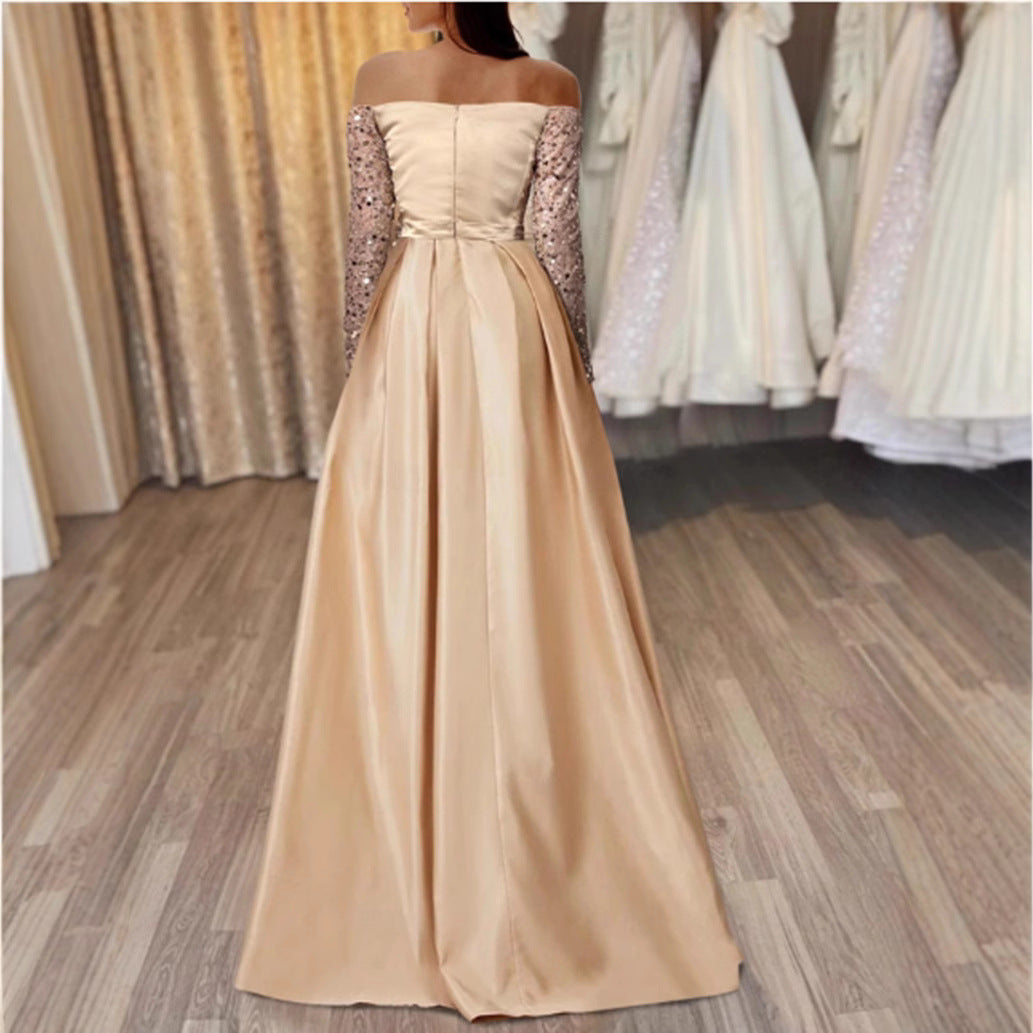 Damen Elegantes Ballkleid Schimmerndes Oberteil Bestickte Ärmel