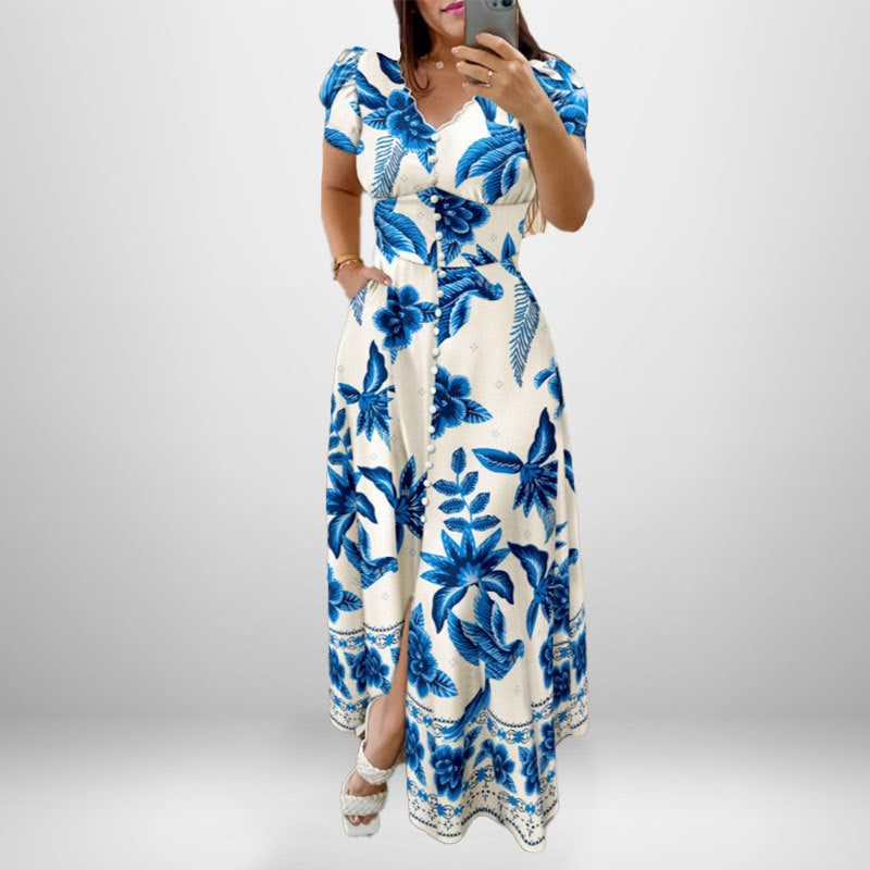 Damen Maxikleid Florales Design Knöpfe Norvielle
