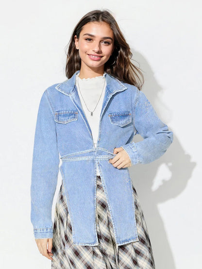 Damen Oversized Jeansjacke Verkürzter Schnitt Mit Taschen