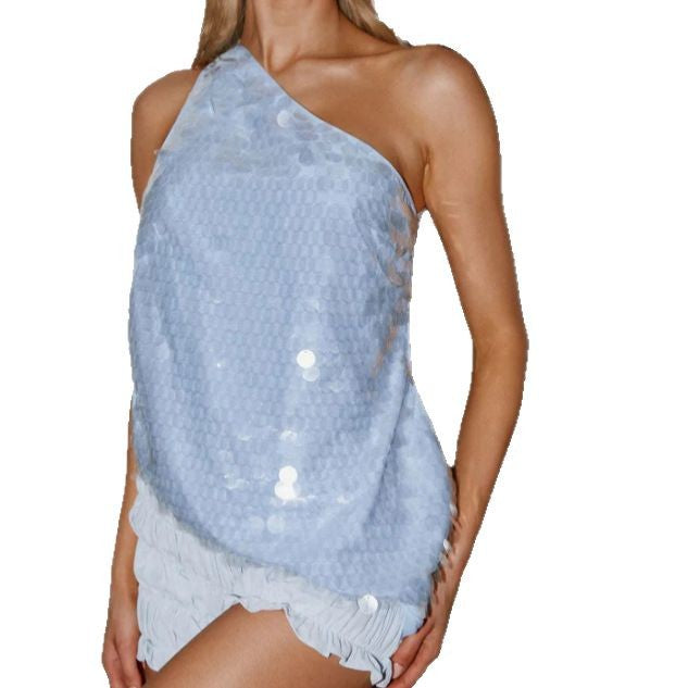 Damen Abendtop Asymmetrisch Paillettenbesatz Glitzer