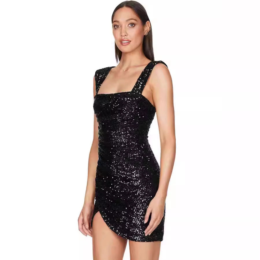 Damen Mini-Kleid Glitzernd Asymmetrisch Figurbetont
