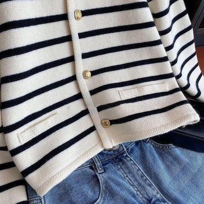 Damen Strickjacke Strukturiertes Streifenmuster Elegante Knöpfe