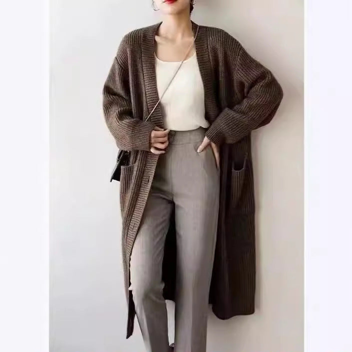 Damen Strickcardigan Lang mit Taschen und Knöpfen Beige