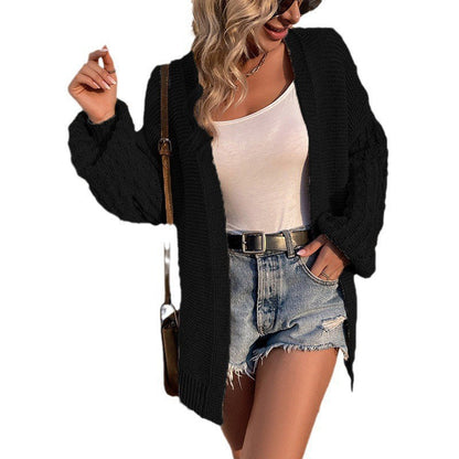 Damen Grobstrick Cardigan Offene Front Kabelmuster Beige