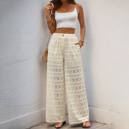 Damen Palazzo-Hose Häkelmuster Elastisch Beige