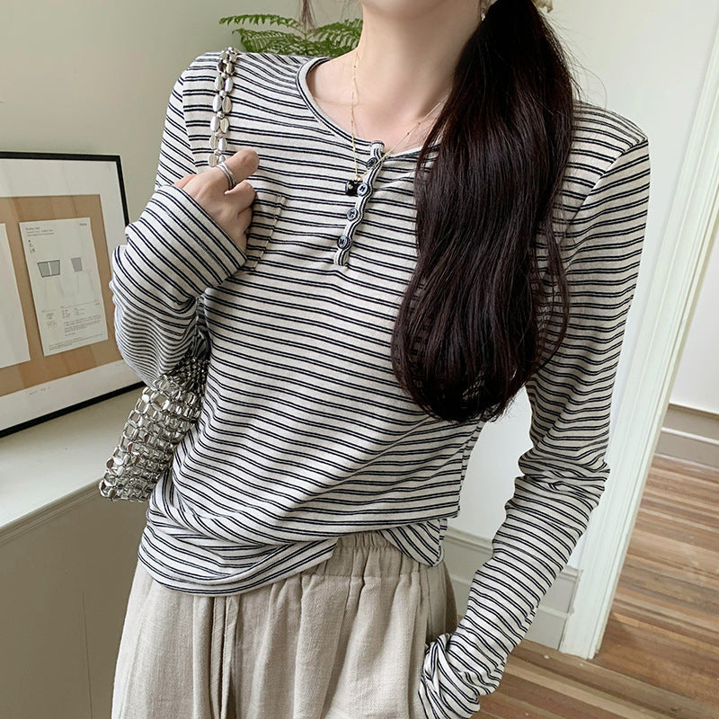 Damen Langarmshirt Streifenmuster Baumwolle Weiß