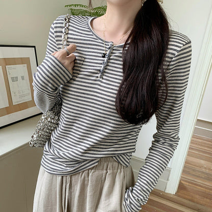 Damen Langarmshirt Streifenmuster Baumwolle Weiß