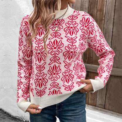 Damen Strickpullover Floralmuster Stehkragen Norvielle