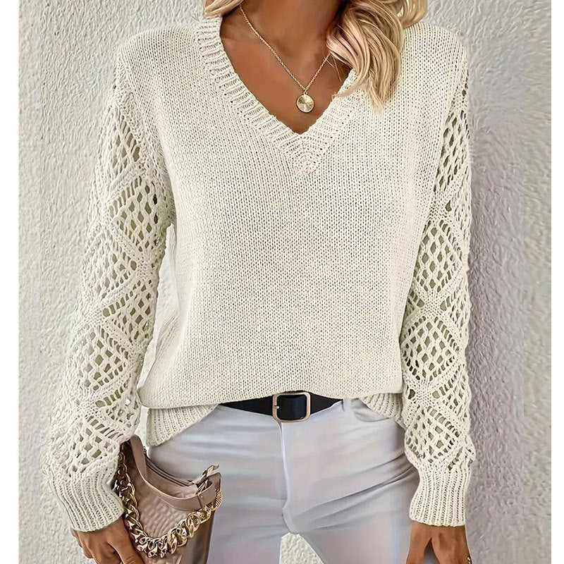 Damen Strickpullover V-Ausschnitt Lochmuster Norvielle