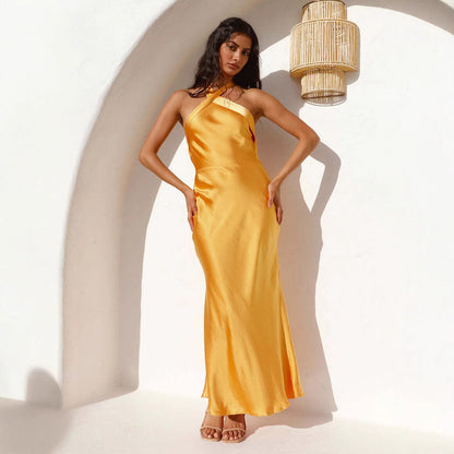 Damen Abendkleid Lang Satin Asymmetrisch