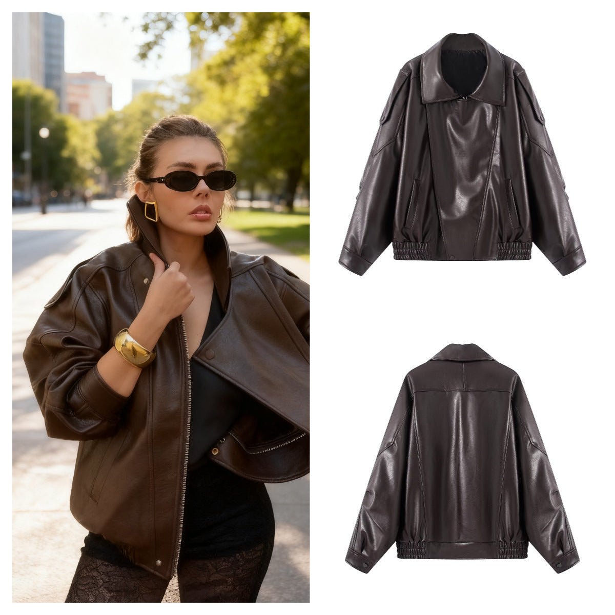 Damen Kunstlederjacke Innovatives Design Praktische Taschen Schwarz - Norvielle