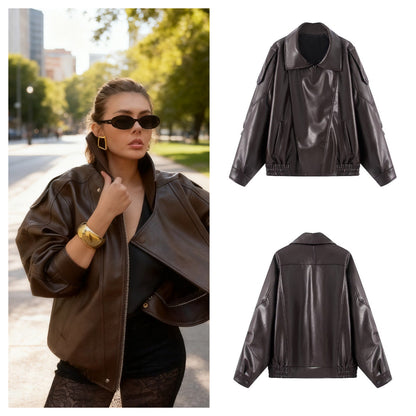 Damen Kunstlederjacke Innovatives Design Praktische Taschen Schwarz - Norvielle