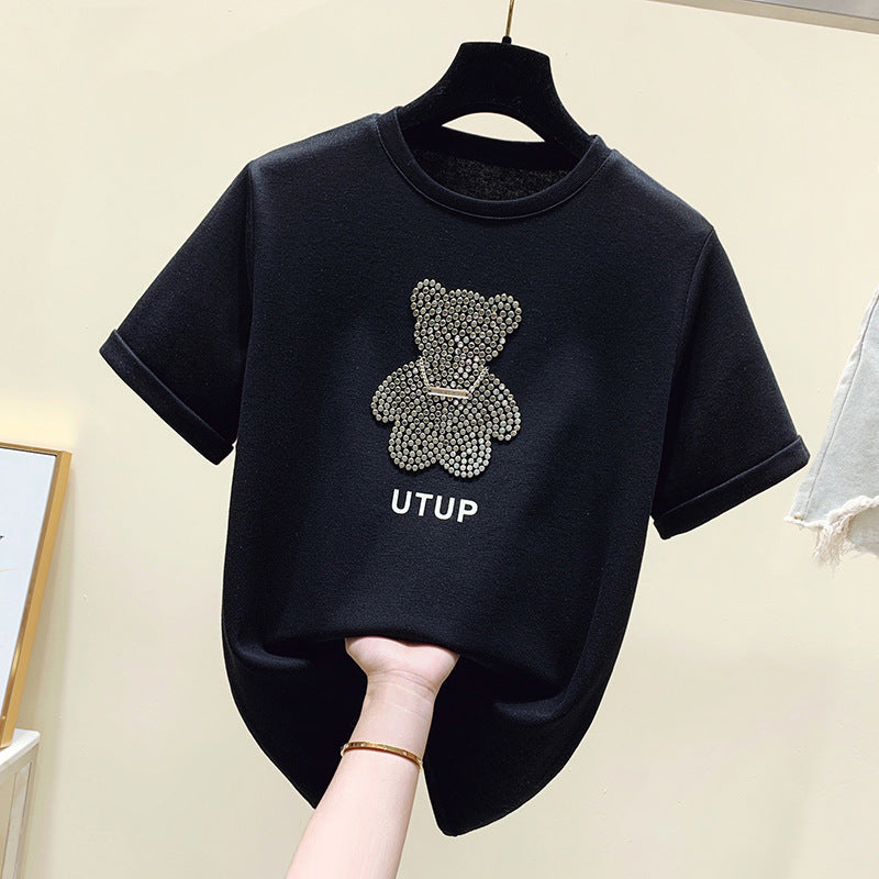 Damen T-Shirt Glitzer Bärenmotiv Lässiger Schnitt Norvielle
