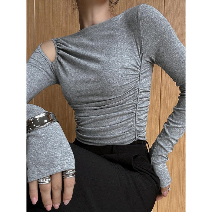 Damen Longsleeve-Shirt Asymmetrisch Raffung Norvielle