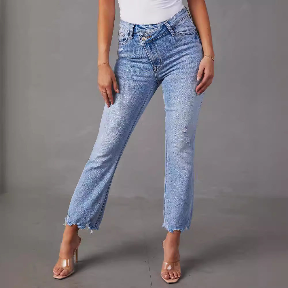 Damen Mom Jeans Fransiger Saum Norvielle