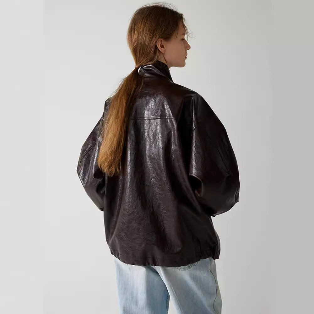 Damen Lederjacke Oversized mit hohem Kragen