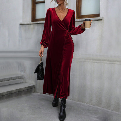 Damen Wickelkleid Samt V-Ausschnitt