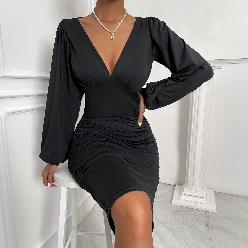 Damen Minikleid V-Ausschnitt Voluminöse Ärmel Norvielle