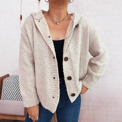 Damen Strickjacke Kapuze Knöpfe Norvielle