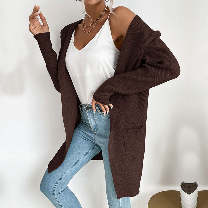 Damen Strickcardigan Offene Front Hochkragen Beige