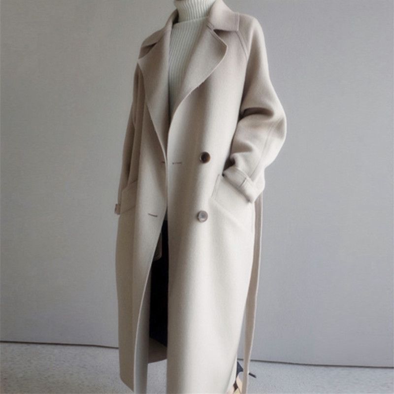 Damen Longcoat Oversized Doppelreiher Wolloptik Braun - Norvielle