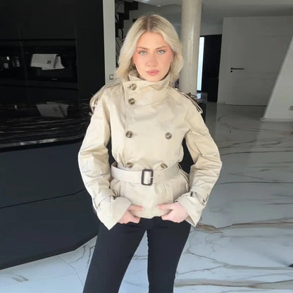 Damen Kurztrenchjacke Doppelter Knopfverschluss Taillengürtel