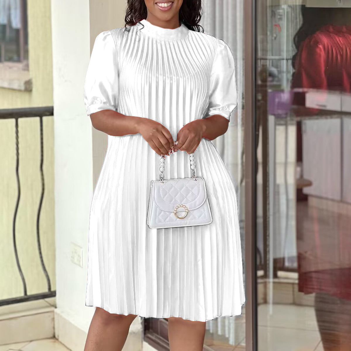 Damen Plissee-Kleid mit Bindeband und Halbärmeln Norvielle