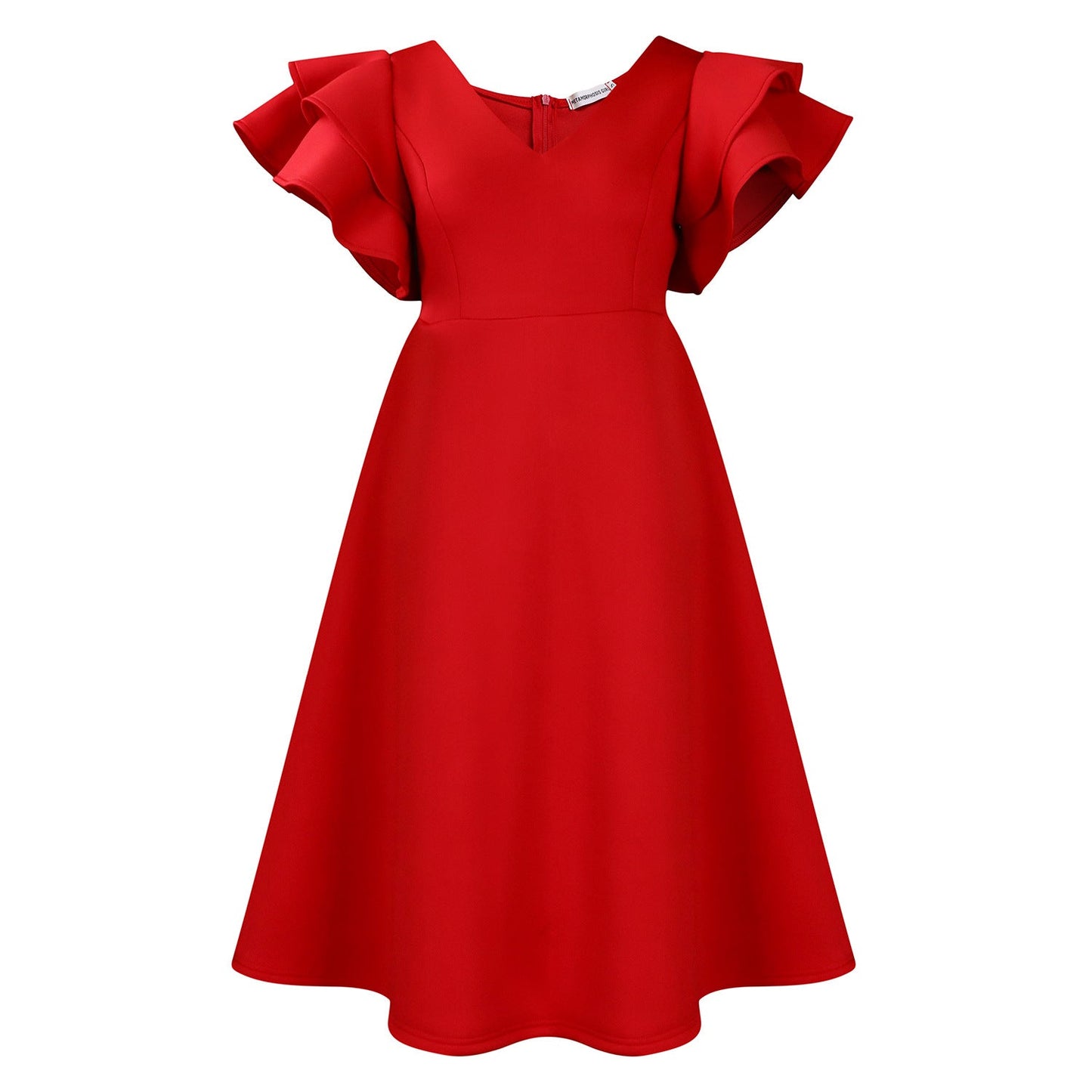 Damen Midi-Kleid Voluminöse Rüschenärmel Weit Rock