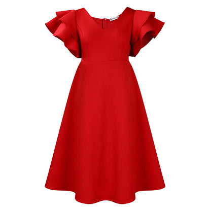 Damen Midi-Kleid Voluminöse Rüschenärmel Weit Rock