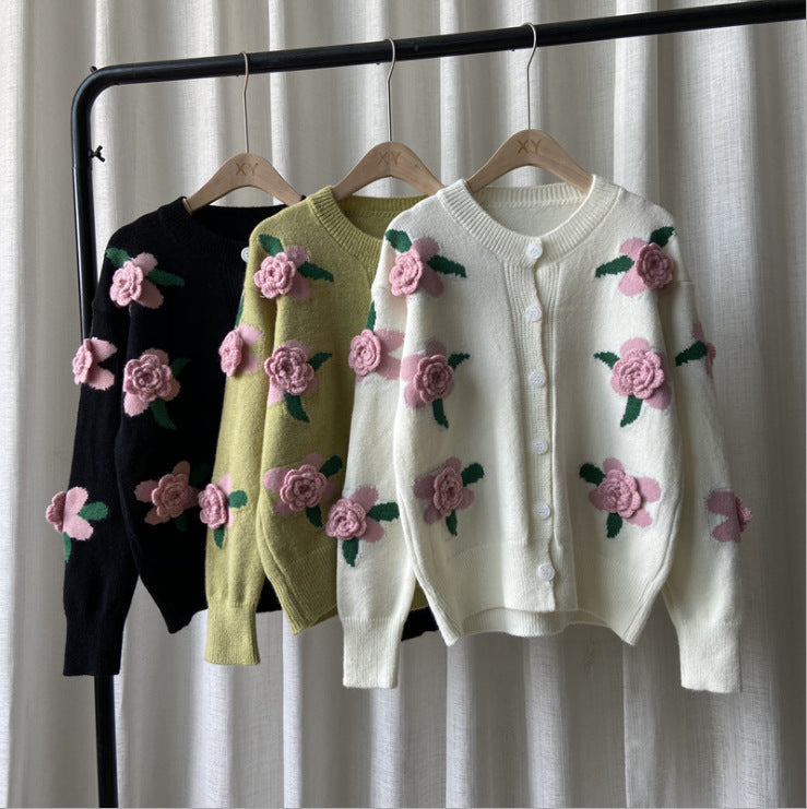Damen Strickjacke Blumenmuster Knopfverschluss Norvielle