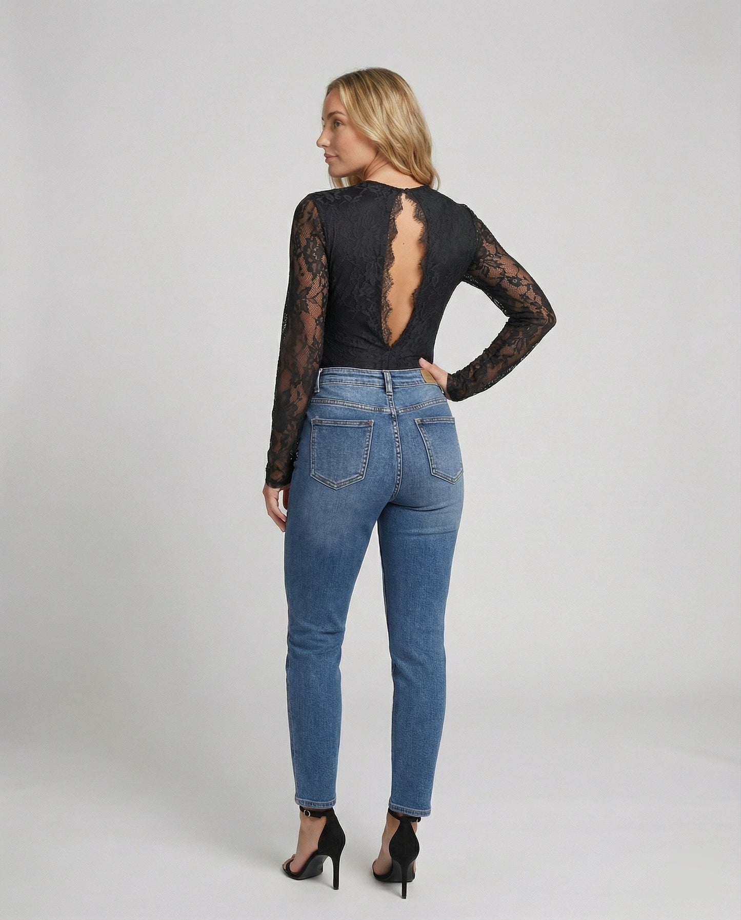 Damen Spitzenbody Langarm V-Ausschnitt