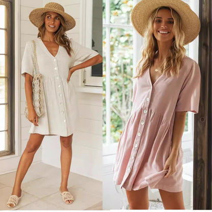 Damen Sommerkleid mit Knöpfen und Volumenrock