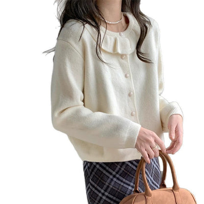Damen Strickpullover Romantischer Rüschenkragen Feine Knöpfe Norvielle