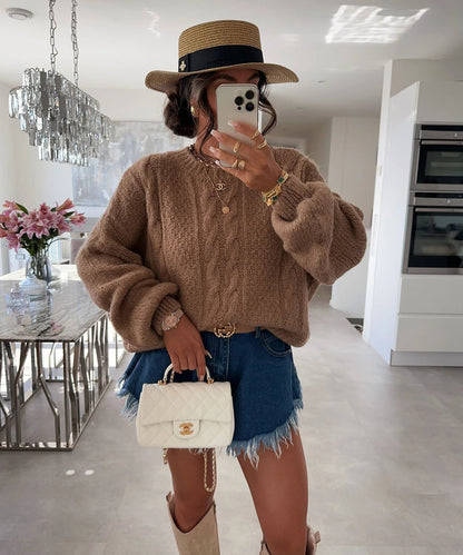 Damen Pullover Grobstrick Voluminöse Ärmel Zopfmuster Beige