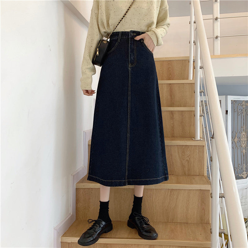 Damen Midi-Rock Hohe Taille Denim Blau - Norvielle