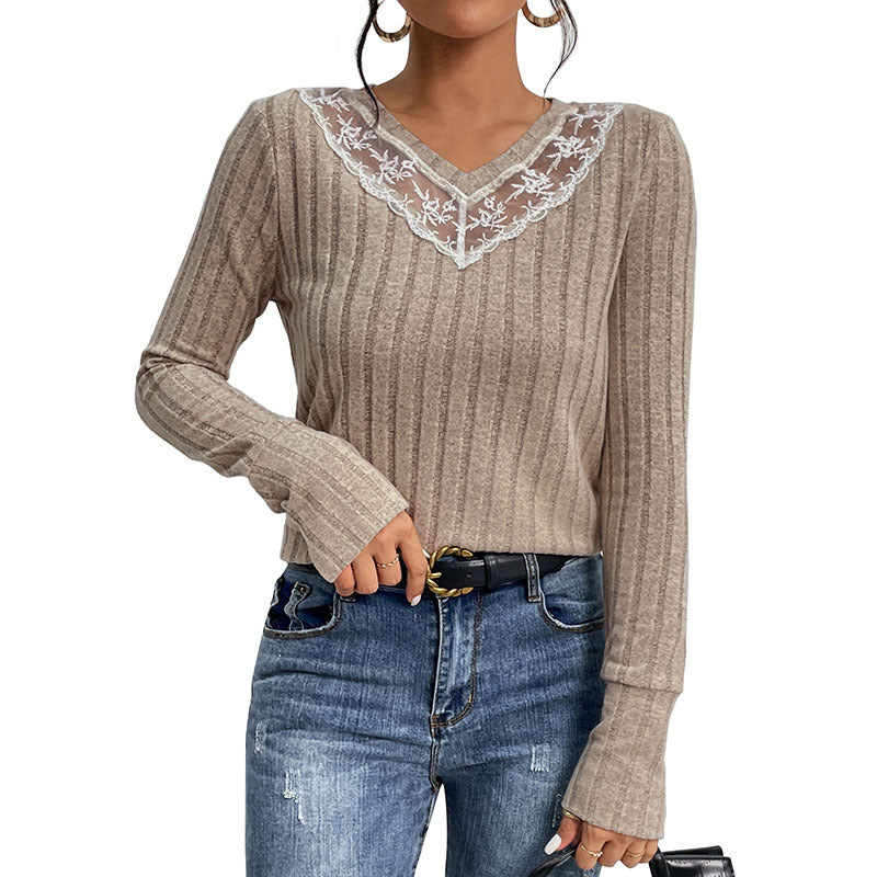 Damen Langarmshirt Spitzenakzente Gerippt Weiß