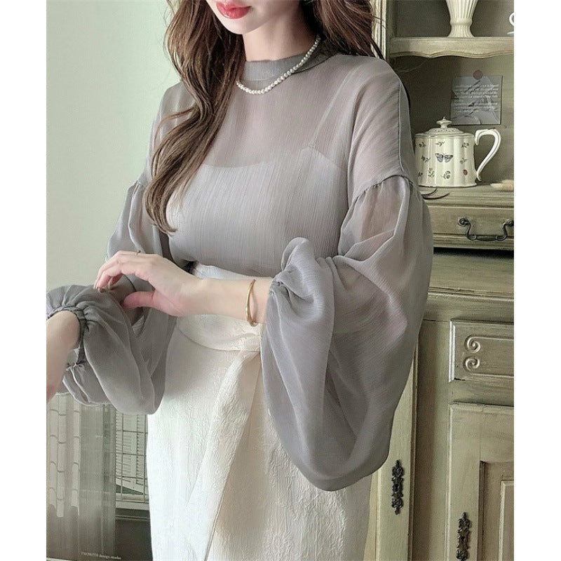 Damen Bluse Rundhalsausschnitt Voluminöse Ärmel Elegantes Design