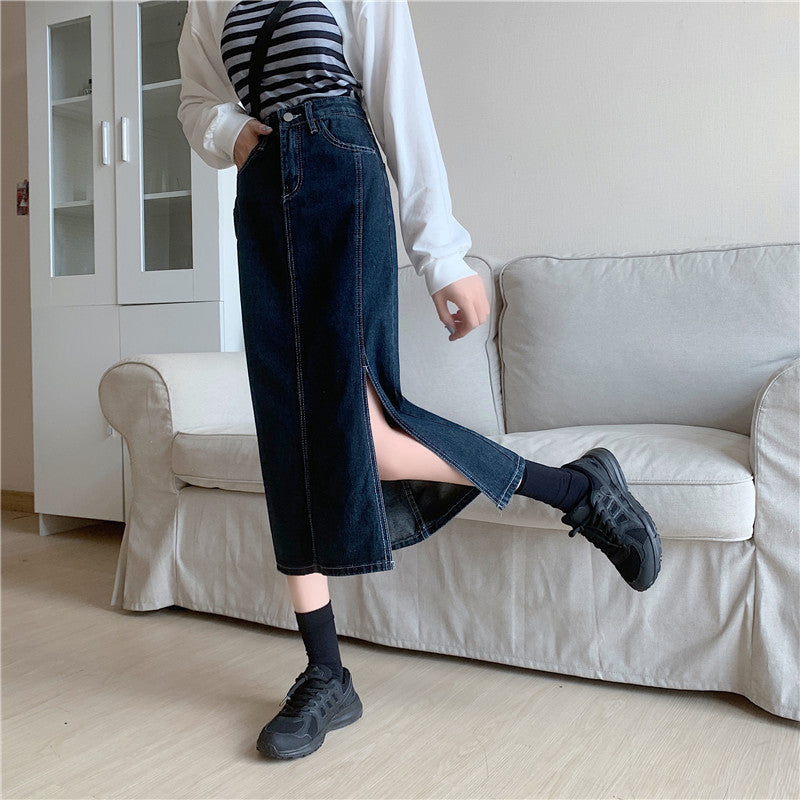 Damen Denim-Rock Lang mit Seiten-Schlitz