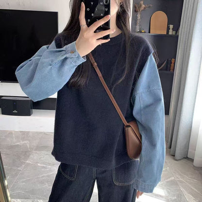 Damen Strickpullover Denim Ärmel Norvielle