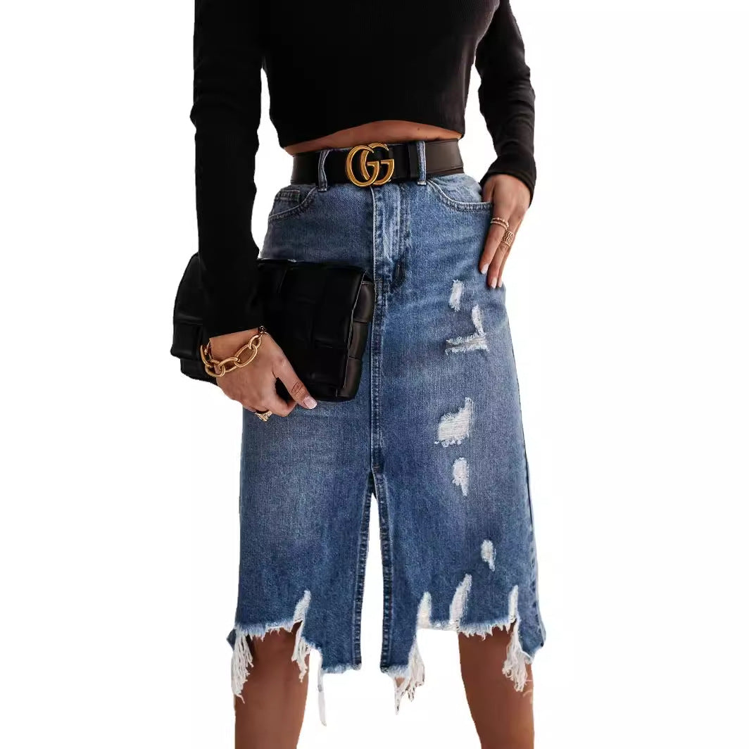 Damen Denim-Rock Asymmetrisch Destroyed