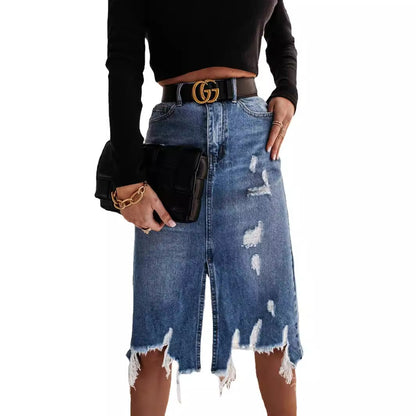 Damen Denim-Rock Asymmetrisch Destroyed