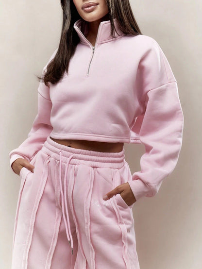 Damen Cropped Sweatshirt Reißverschluss Komfortbund
