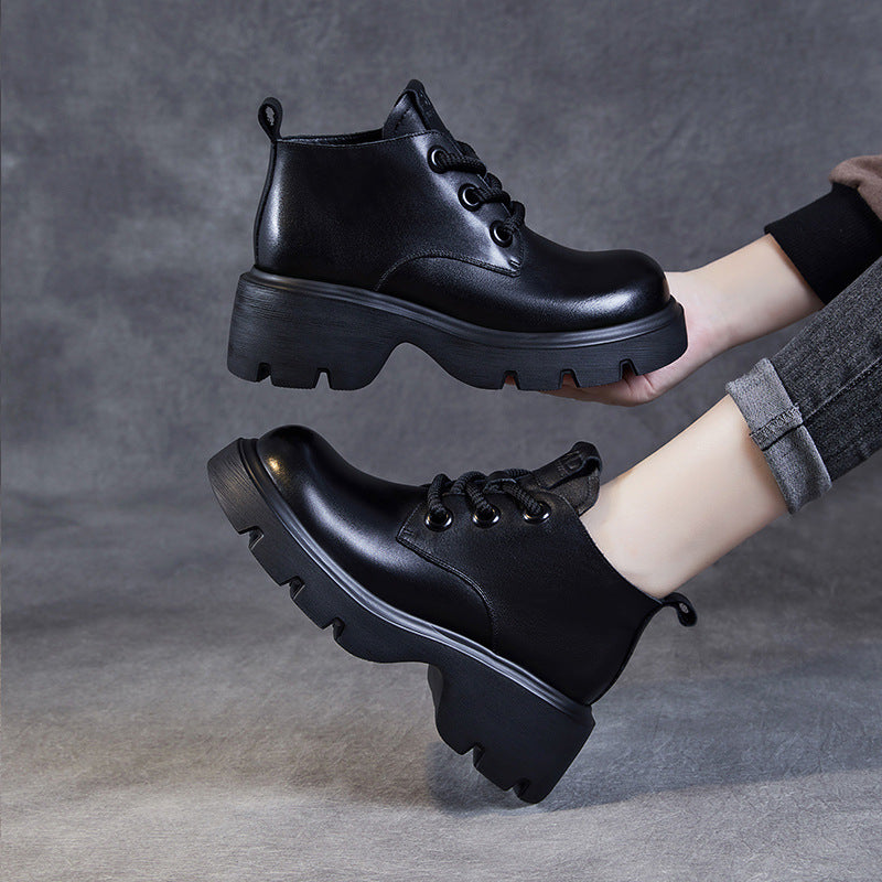 Damen Stiefeletten Echtes Leder Hoher Schaft Schnürverschluss Schwarz - Norvielle